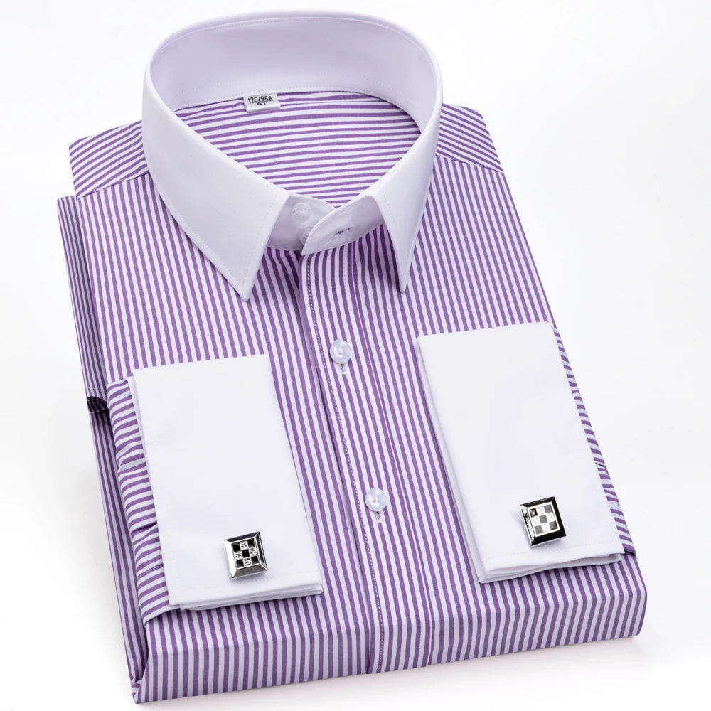 Men's Formal Long Sleeve Striped Shirt with French Cuffs & Contrast Spread Collar, Suitable for Business Wedding, All Seasons