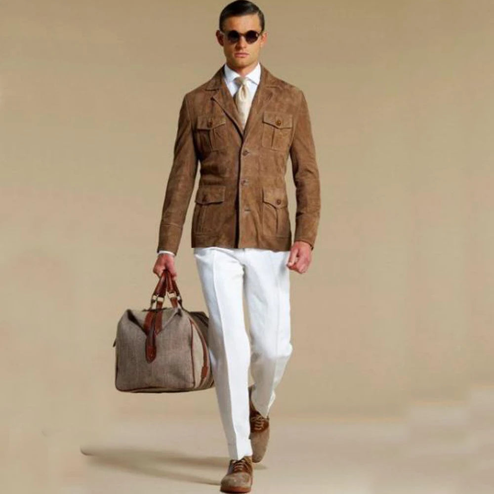 Men's Elegant Suede Blazer Single-breasted Modern Multiple Pockets Lapel Blazers Fashion