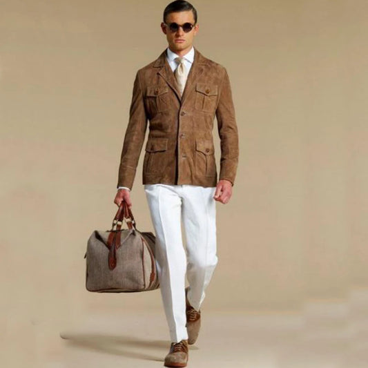 Men's Elegant Suede Blazer Single-breasted Modern Multiple Pockets Lapel Blazers Fashion