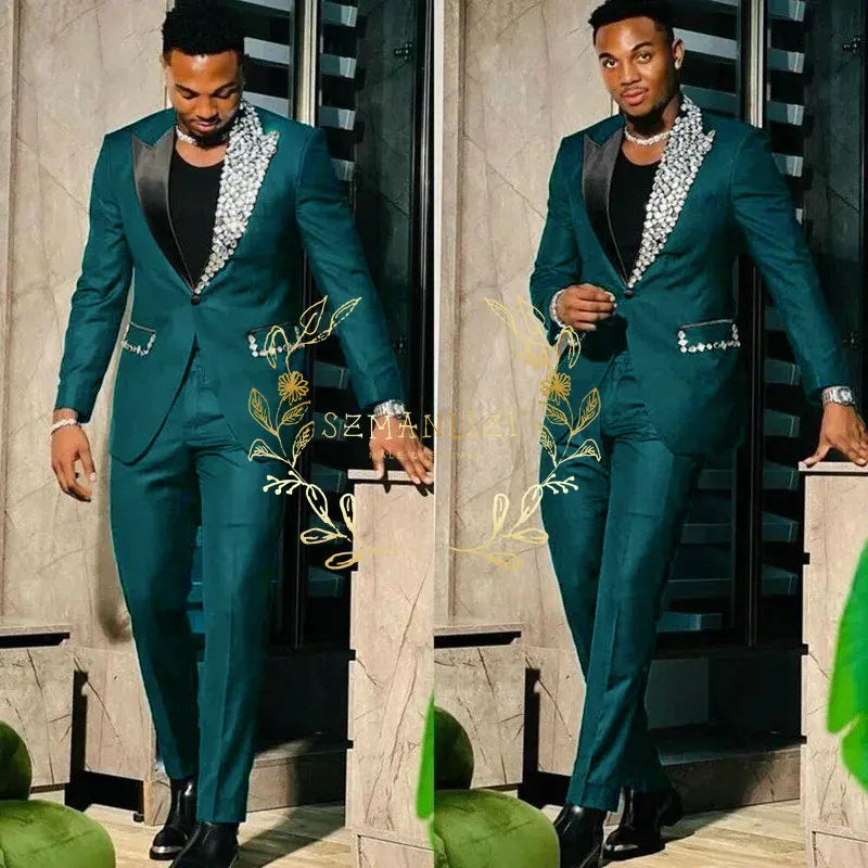 Slim Fit Suit Single Breasted Peak Lapel Blazer High Quality Crystal Prom Party 2 Piece Jacket & Pants for Men