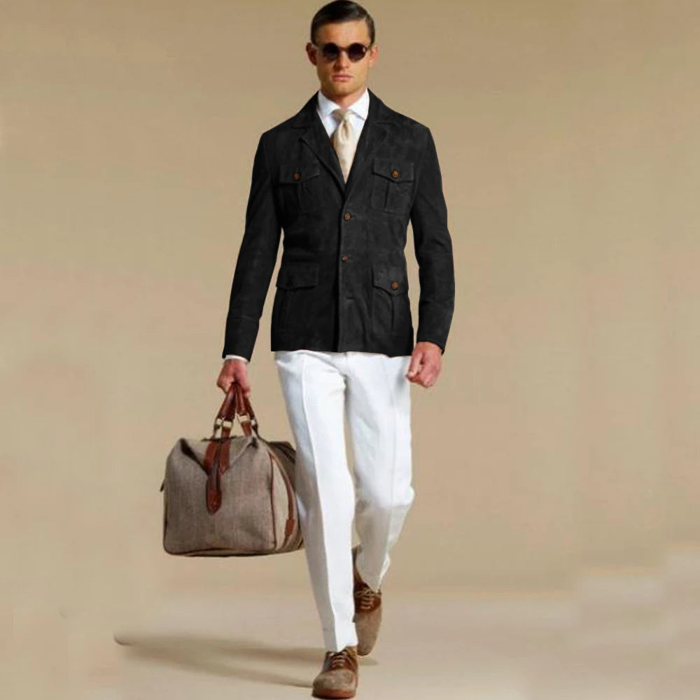 Men's Elegant Suede Blazer Single-breasted Modern Multiple Pockets Lapel Blazers Fashion