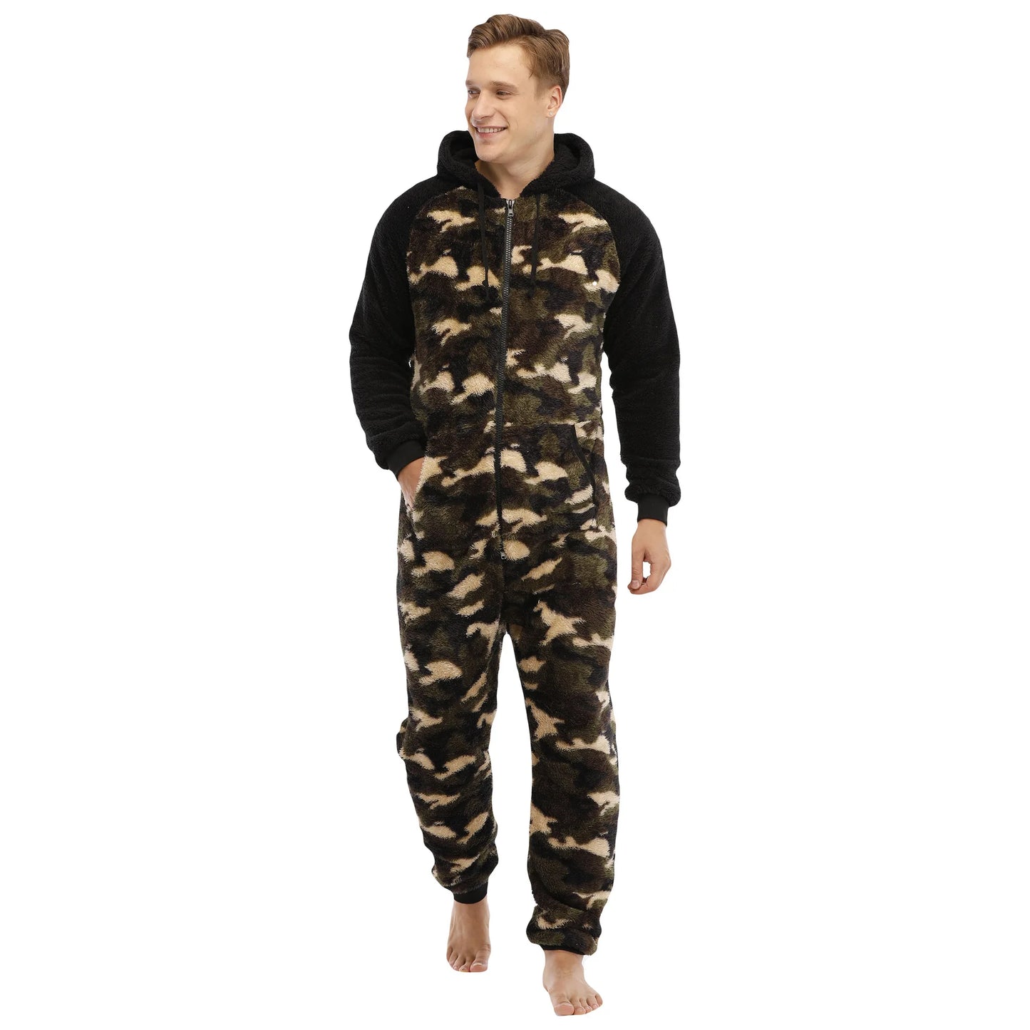 Men's Hooded Fleece Onesie - Camouflage Winter Jumpsuit