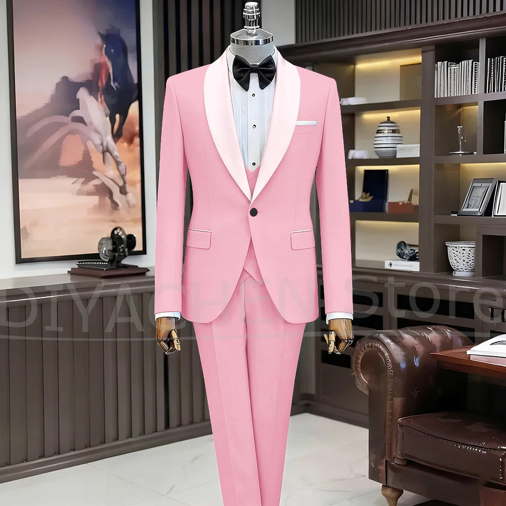 Black Suits for Men Elegant Shawl Lapel One Button Male Suit Slim (Jacket+Vest+Pants) Banquet Prom Wedding Party Tuxedo 3 Piece