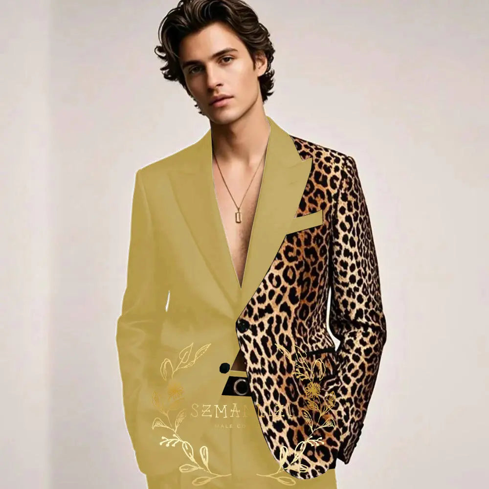 Fashion Suit for Men Leopard Print Peaked Lapel Slim Fit 2 Piece Jacket Pants Blazer Wedding Party Tuxedo Male Clothing