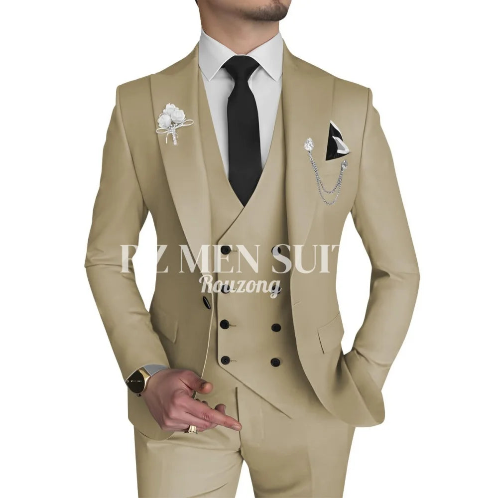 Men's 3 Piece Slim Fit Double Breasted Formal Suit for Wedding Prom Dinner Party