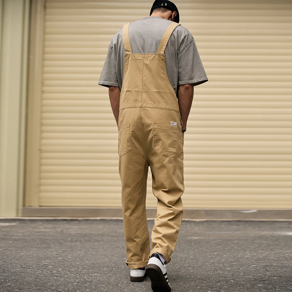 Men's Khaki Cargo Overalls with Adjustable Suspenders