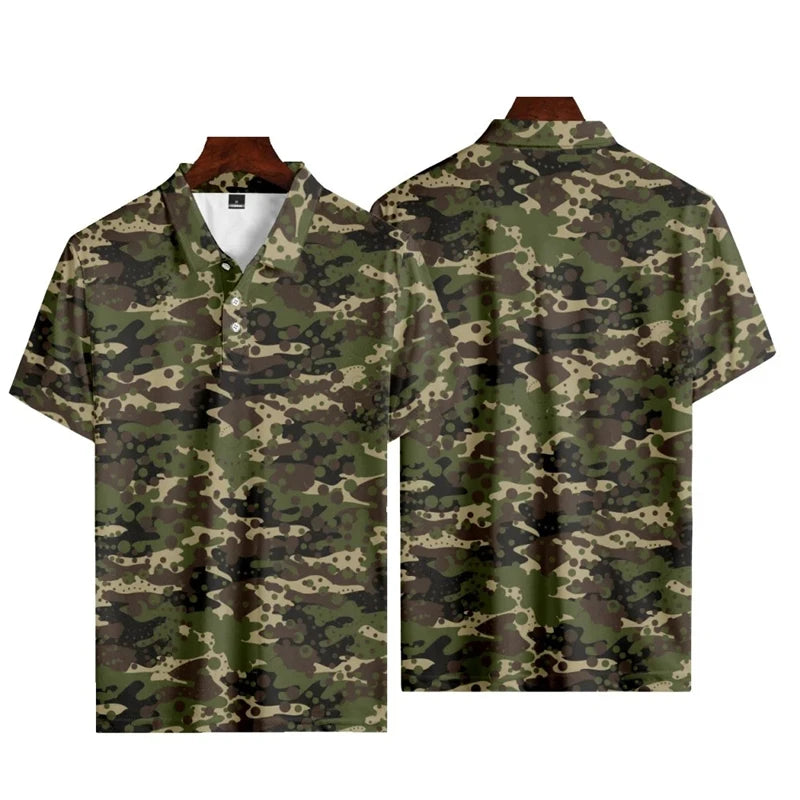 No Brand Casual Camo 3D Printed Polo Shirt For Men - Breathable Polyester Streetwear Polo Top