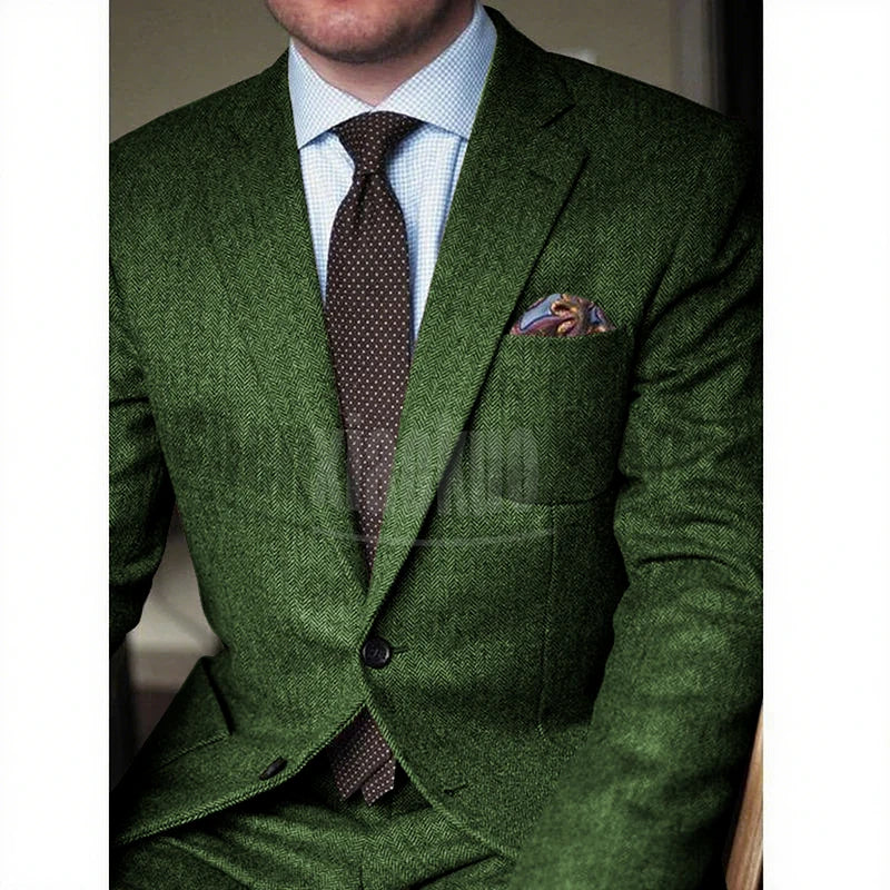 Brown Herringbone Tweed Casual Men Suits for Winter 2 Piece Wedding Groomsmen Tuxedo Male Suit Jacket with Pants New Fashion