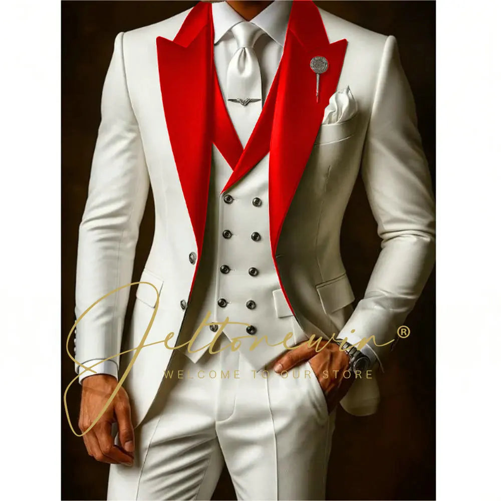 White Suit Set For Men Wedding Party Fashion Blazer Vest Pants Formal  Groom Groomsmen Tailor-made Male High Quality Tuxedos