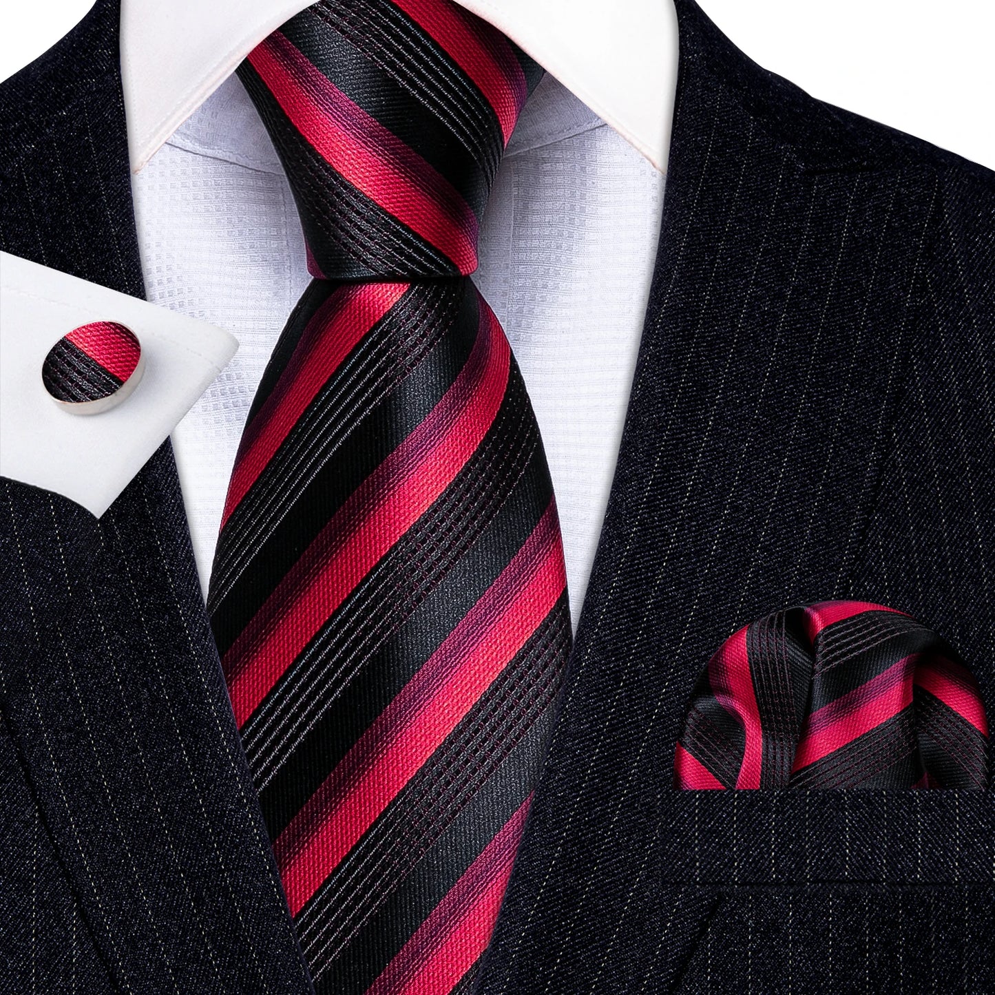 Barry.Wang Red Silk Mens Tie Hanky Cufflinks Set Burgundy Maroon Scarlet Carmine Rose Jacquard Necktie For Male Wedding Party