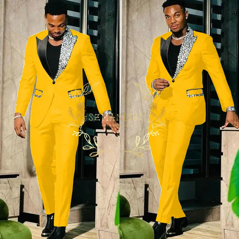 Slim Fit Suit Single Breasted Peak Lapel Blazer High Quality Crystal Prom Party 2 Piece Jacket & Pants for Men