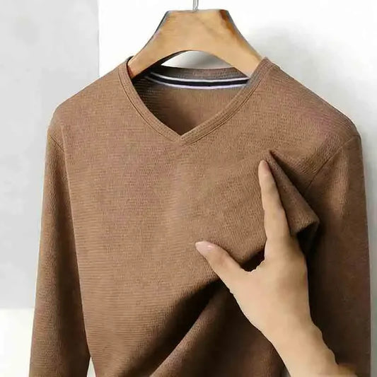 Men's Brown V-Neck Long Sleeve T-Shirt Office Casual Business Commute Top