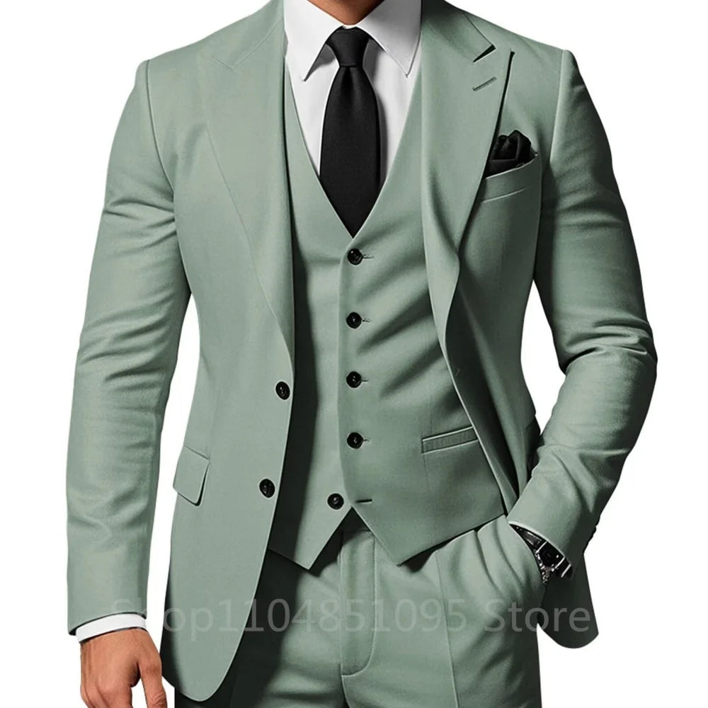 3 Piece Solid Wedding Men Suits Formal Groom Tuxedos Prom Party Male Suits Fashion Men Clothing Set Peak Lapel Jacket Pants Vest