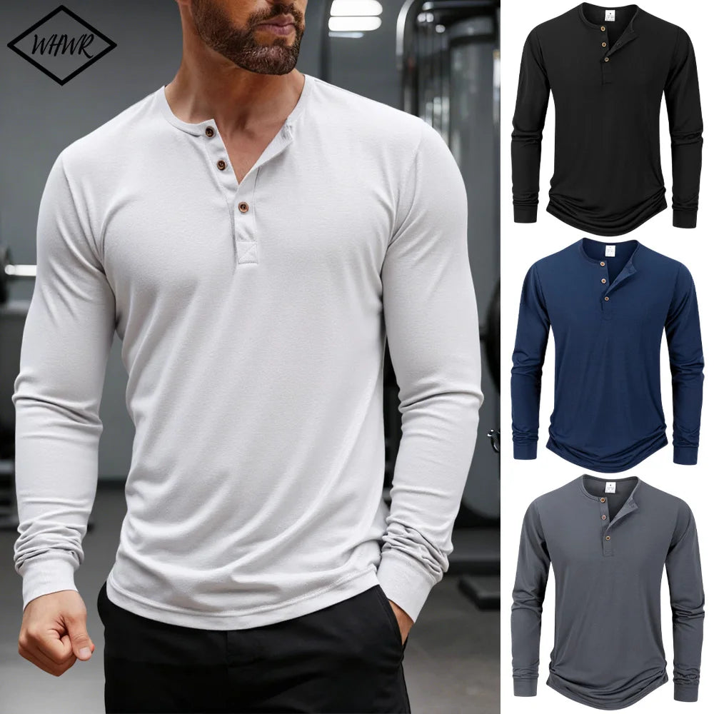 Men's T Shirt Autumn Button Long Sleeve Henley Neck Solid Color Casual Breathable Versatile Slim T-Shirts