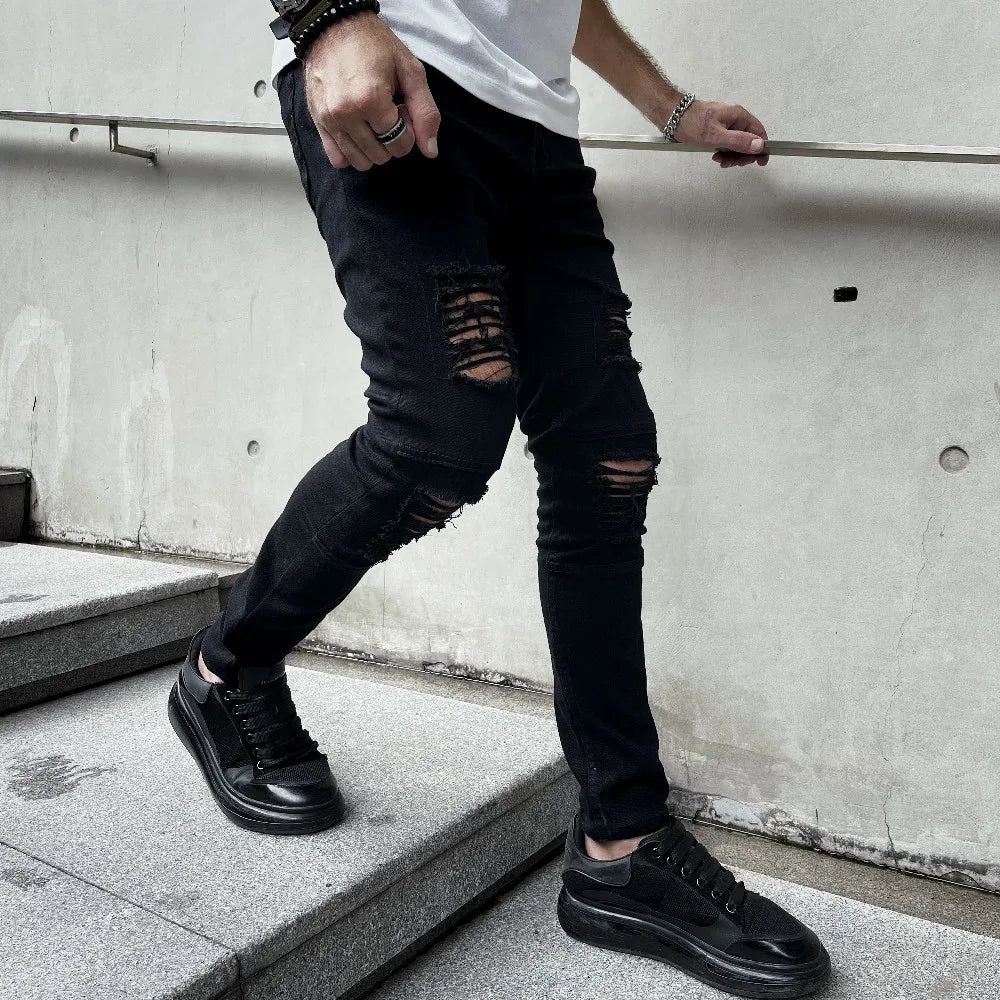 Men's Slim Fit Ripped Denim Jeans - Hip Hop Street Style