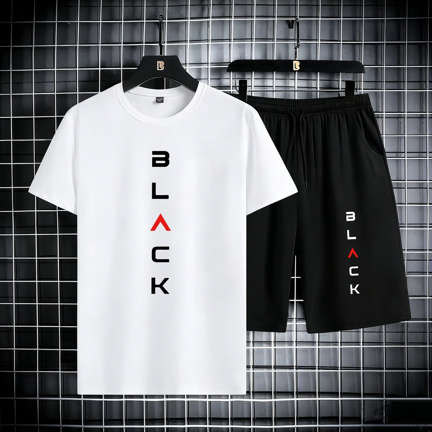 Black Simple Letter Pattern Mens Cotton Summer Classic Short Suits Cool All-Match Streetwear Soft Pocket Bottom Daily 2Pc Set