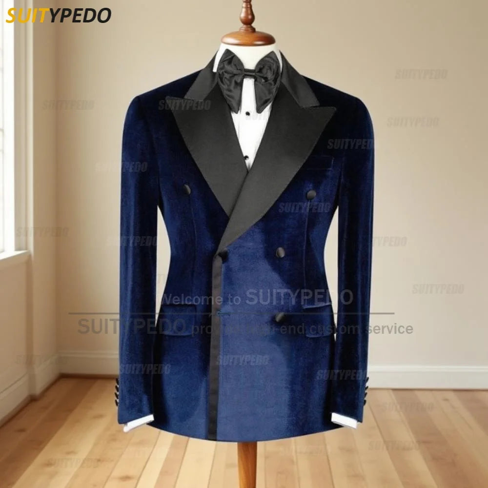 Elegant Velet Peak Lapel Blazers for Men Fashion Brief Double Breasted Office Work Suit Tuxedo Coat 1 Piece Formal Evening Gown