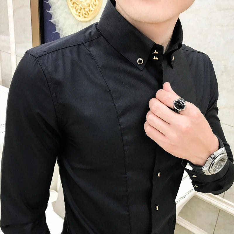 Men's Shirts Luxury Brand New Long Sleeve Elegant Shirts for Men Clothing Slim Fit Casual Mens Dress Shirts Formal Black/White