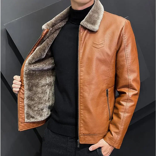 Men's Faux Leather Jacket - Fleece Lined Winter Coat
