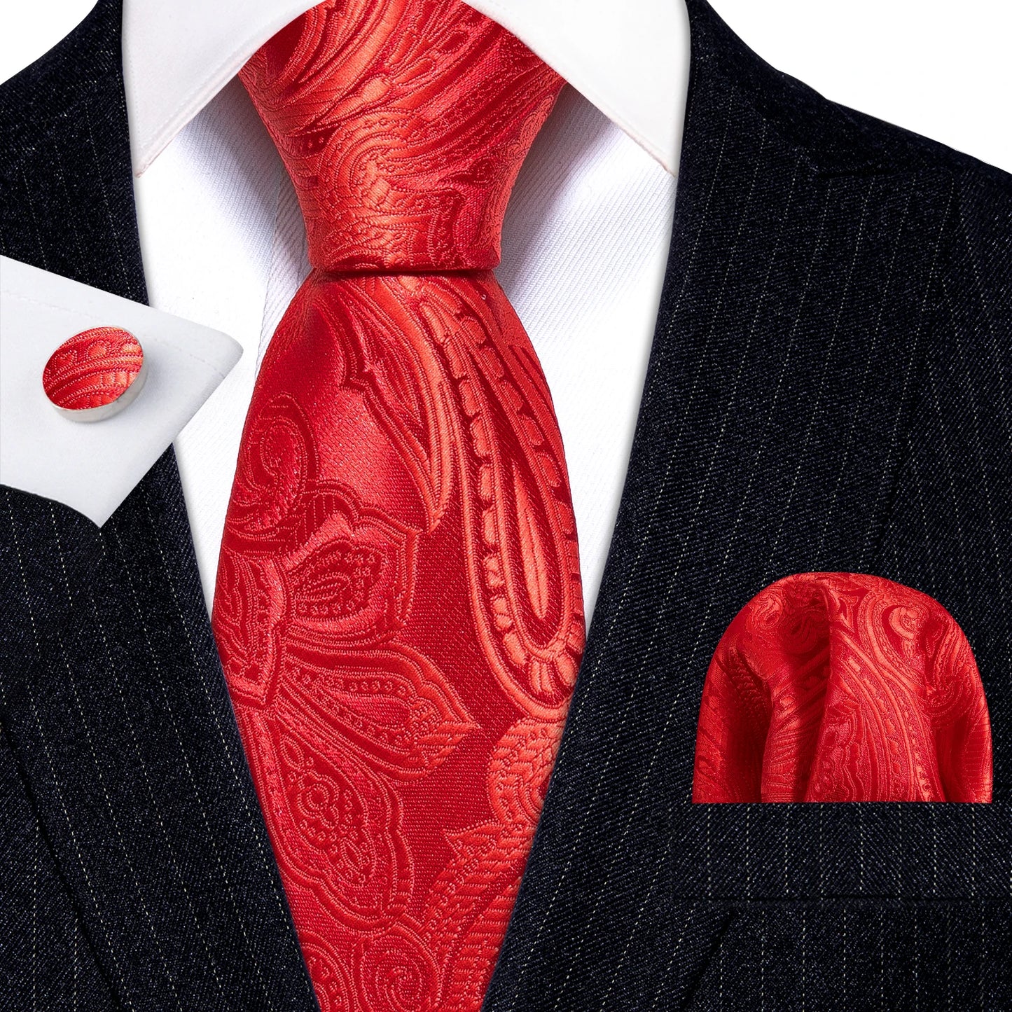 Barry.Wang Red Silk Mens Tie Hanky Cufflinks Set Burgundy Maroon Scarlet Carmine Rose Jacquard Necktie For Male Wedding Party