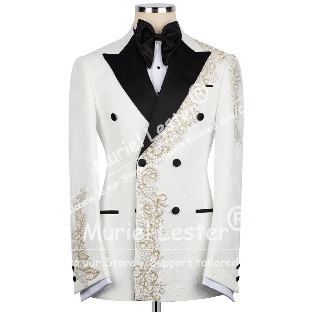Elegant Suits Men Black Label Jacquard Jacket Pants 2 Piece Sets High-End Customized Beaded Stones Groom Wedding Tuxedos Attire
