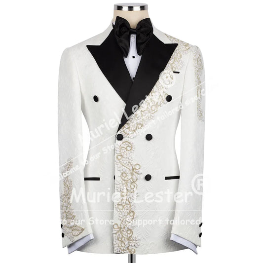 Elegant Suits Men Black Label Jacquard Jacket Pants 2 Piece Sets High-End Customized Beaded Stones Groom Wedding Tuxedos Attire