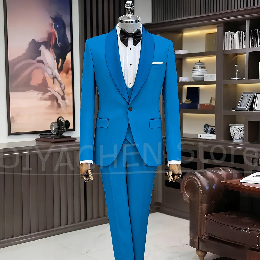 Black Suits for Men Elegant Shawl Lapel One Button Male Suit Slim (Jacket+Vest+Pants) Banquet Prom Wedding Party Tuxedo 3 Piece