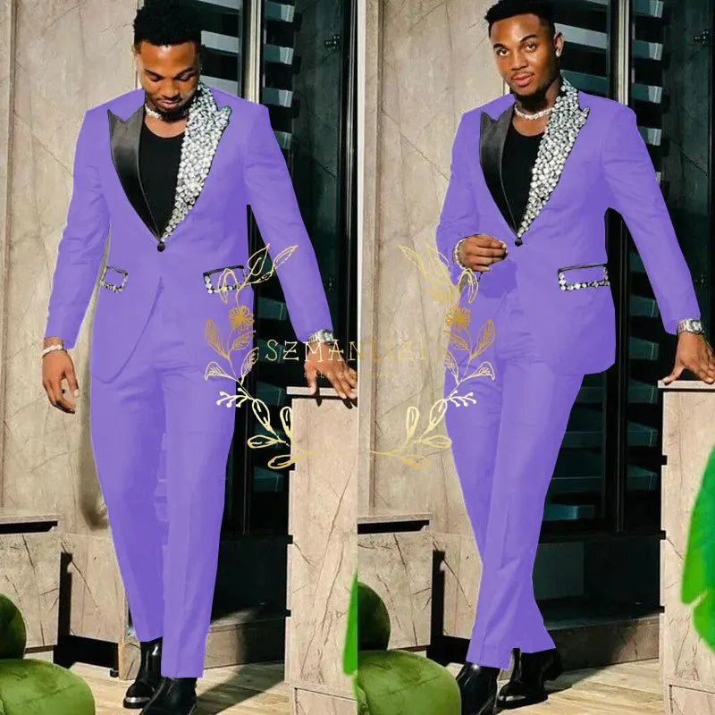 Slim Fit Suit Single Breasted Peak Lapel Blazer High Quality Crystal Prom Party 2 Piece Jacket & Pants for Men