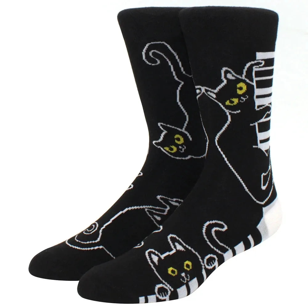 Men's Novelty Cotton Crew Socks - Mismatched Animal & Fruit Design
