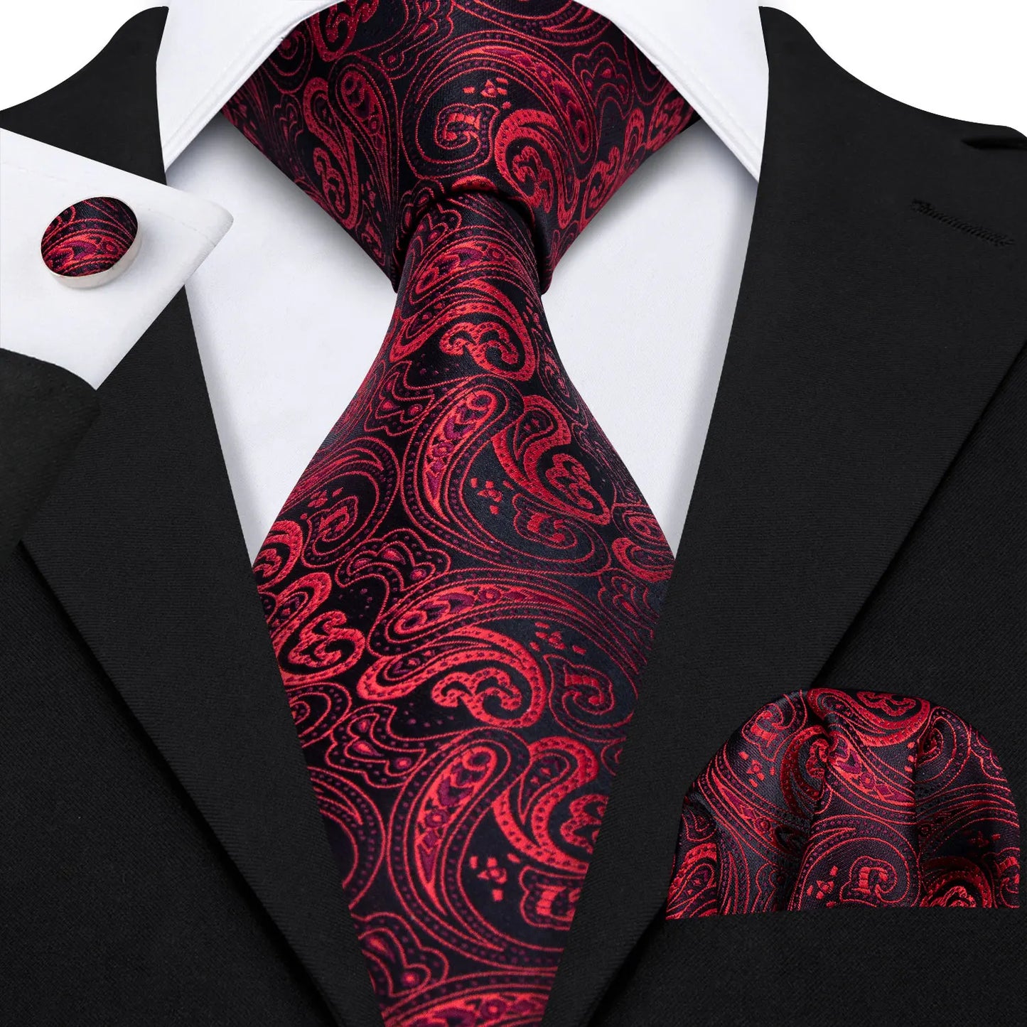 Barry.Wang Red Silk Mens Tie Hanky Cufflinks Set Burgundy Maroon Scarlet Carmine Rose Jacquard Necktie For Male Wedding Party