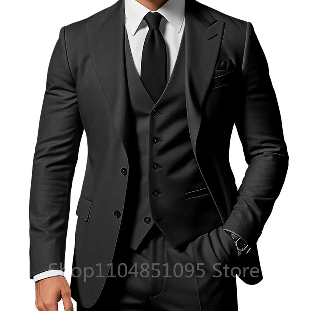 3 Piece Solid Wedding Men Suits Formal Groom Tuxedos Prom Party Male Suits Fashion Men Clothing Set Peak Lapel Jacket Pants Vest