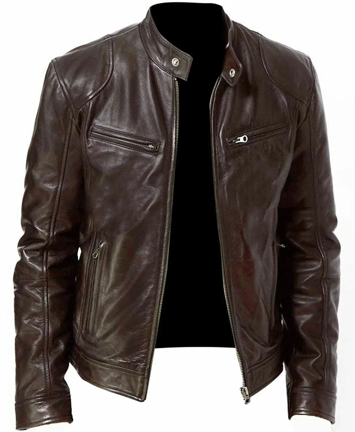 Mens Motorcycle PU Leather Jacket Slim Fit Short-Coat Autumn New Zipper Stand Windproof