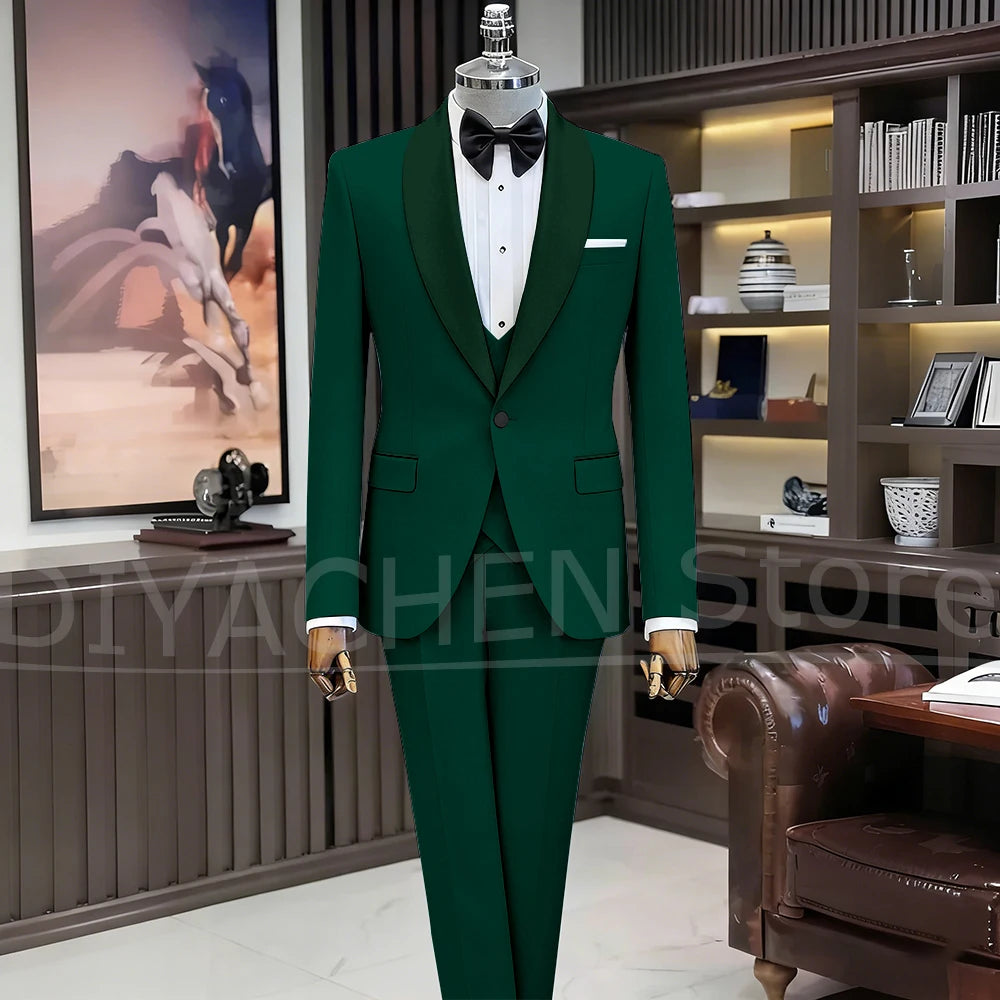 Black Suits for Men Elegant Shawl Lapel One Button Male Suit Slim (Jacket+Vest+Pants) Banquet Prom Wedding Party Tuxedo 3 Piece