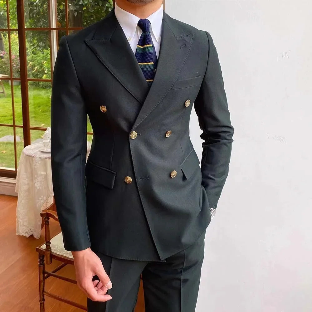 Double Breasted 2 Piece Suits for Men Jacket Pants Male Clothing Slim Fit Business Gentleman Blazer Pant Sets