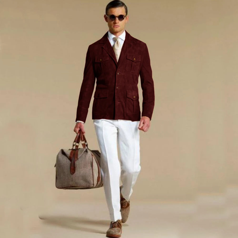 Men's Elegant Suede Blazer Single-breasted Modern Multiple Pockets Lapel Blazers Fashion