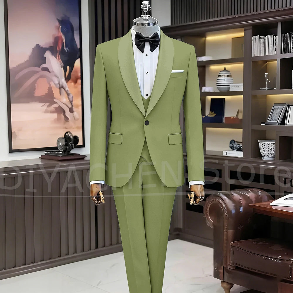 Black Suits for Men Elegant Shawl Lapel One Button Male Suit Slim (Jacket+Vest+Pants) Banquet Prom Wedding Party Tuxedo 3 Piece