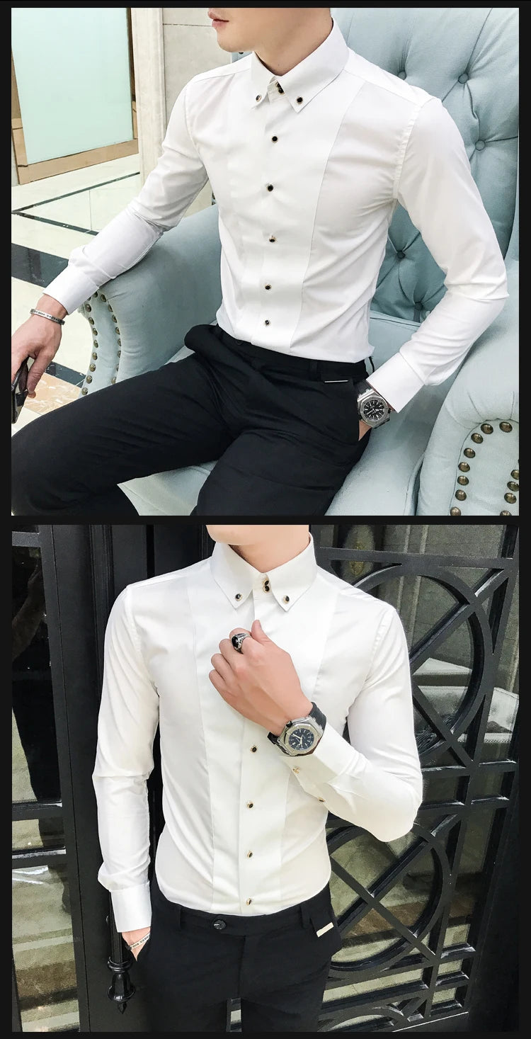 Men's Shirts Luxury Brand New Long Sleeve Elegant Shirts for Men Clothing Slim Fit Casual Mens Dress Shirts Formal Black/White