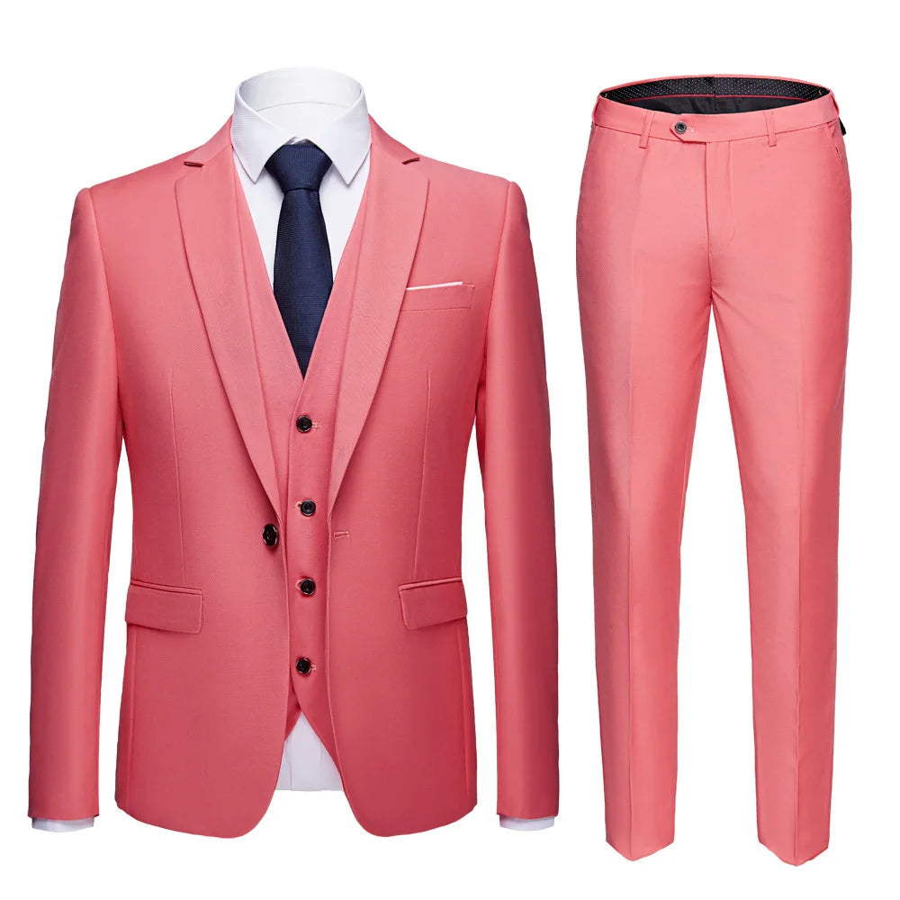 Men Suit Set Simple Solid Color Long Sleeve Male Outfit Single-breasted Slim Business Wedding Versatile Men Three-piece Suits