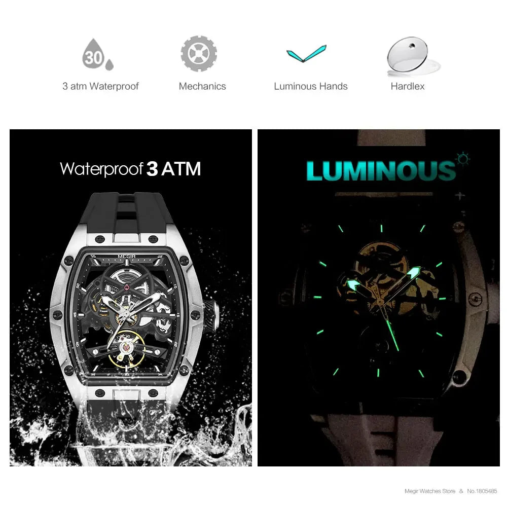 Automatic Mechanical Watch - Stainless Steel Skeleton Dial with Silicone Band