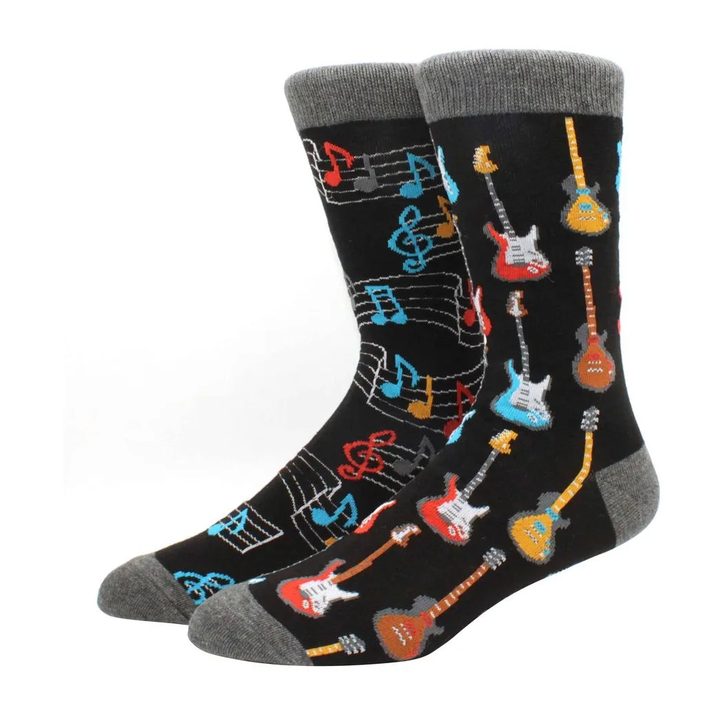 Men's Novelty Cotton Crew Socks - Mismatched Animal & Fruit Design