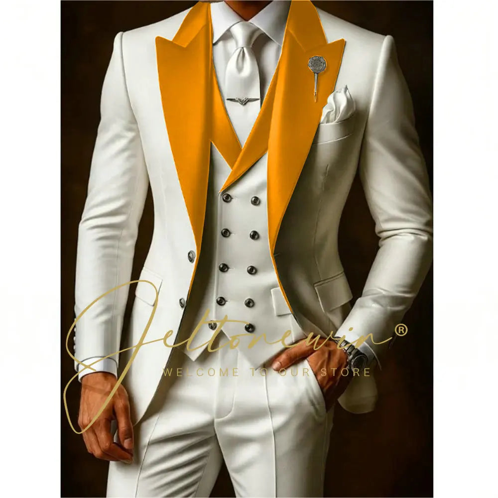 White Suit Set For Men Wedding Party Fashion Blazer Vest Pants Formal  Groom Groomsmen Tailor-made Male High Quality Tuxedos