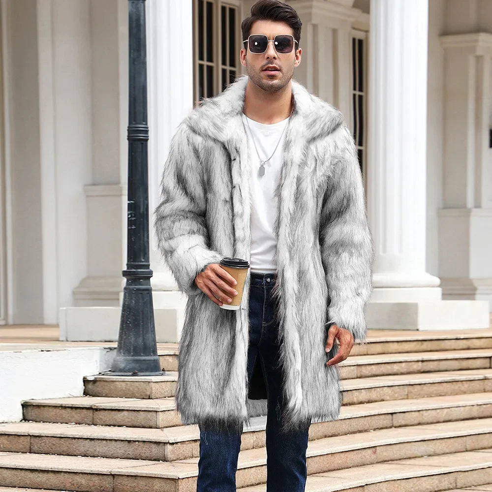 Men's Luxury Faux Fur Winter Coat - Long Sleeve Warm Jacket