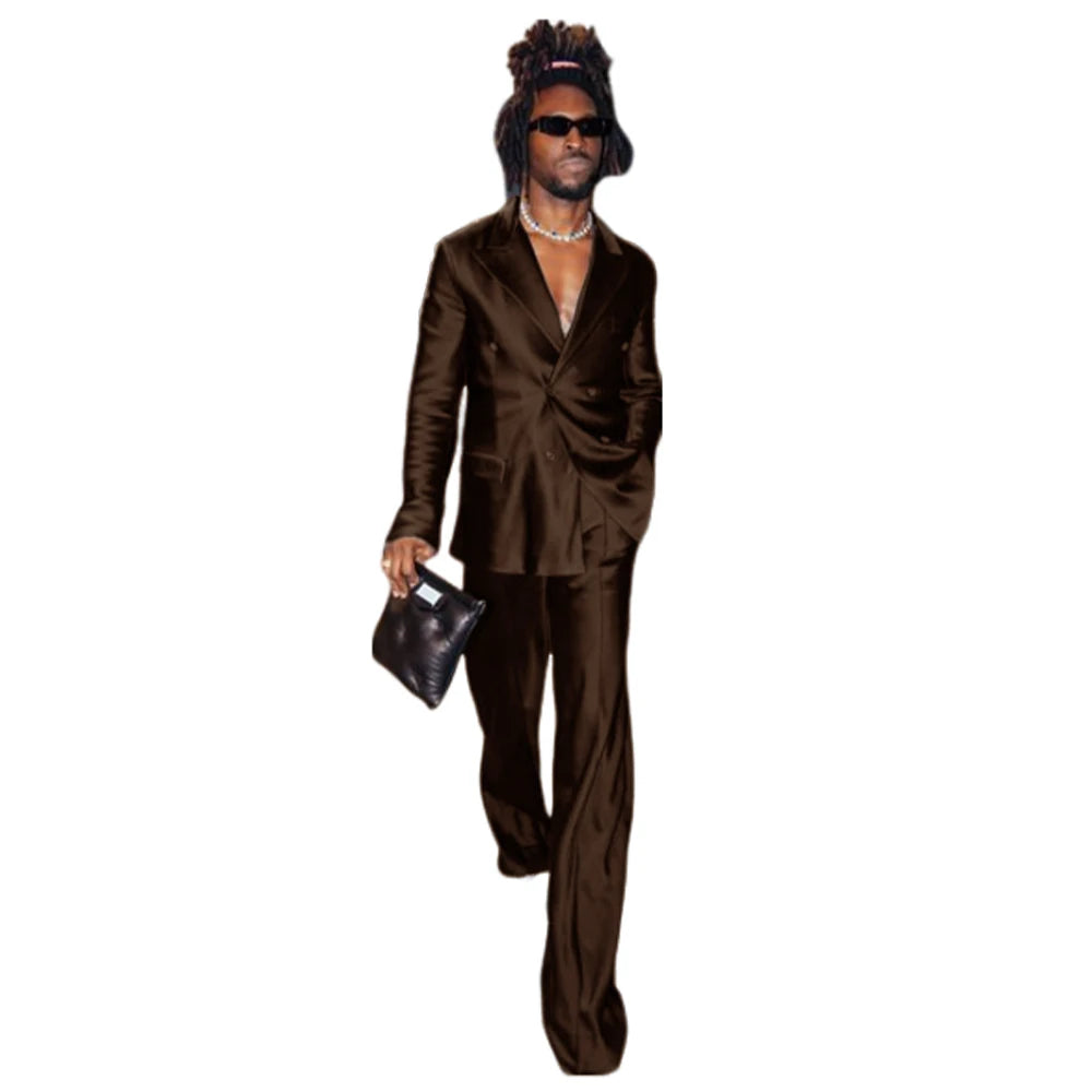 Men's Suit Satin Men Costume Luxurious Double Breasted Complete 2 Pieces Suit Peaked Lapel Jackets Dancing Party Fashion