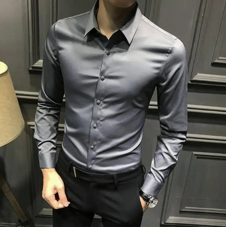 Dress Shirt Long Sleeve Silk Business Plain Man Tops Formal Shirts and Blouses for Men Office Cotton with Collar S Cool Clothing