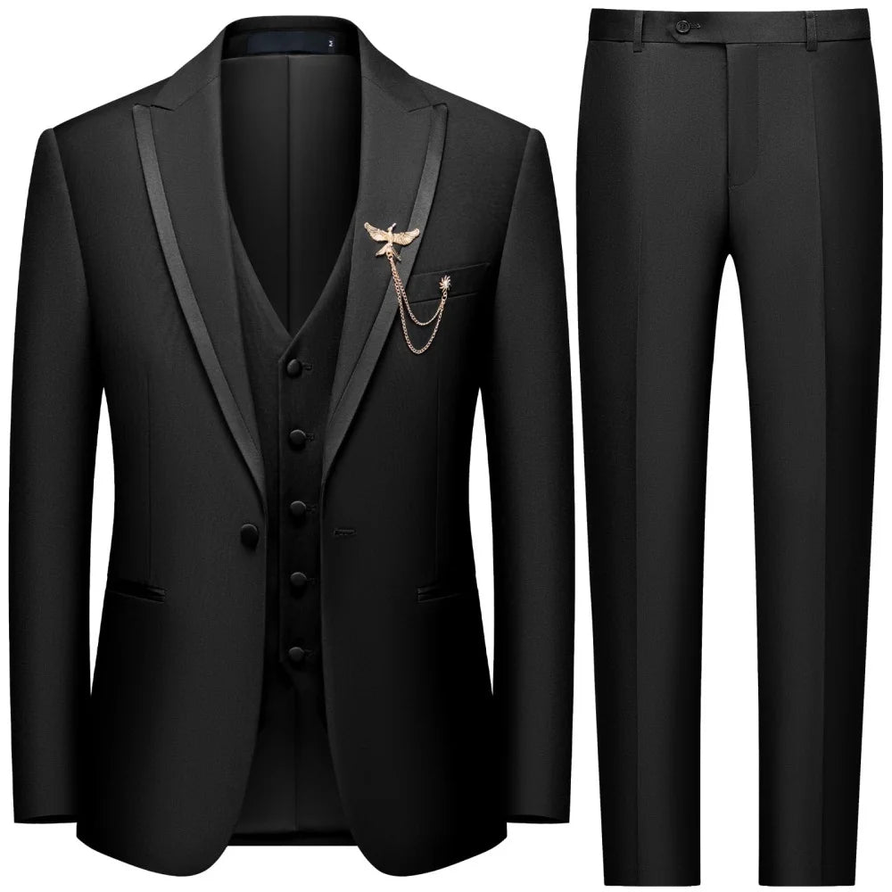 Men's Black 3-Piece Suit Slim Fit Elegant Formal Casual Ensemble Jacket Vest Pants Business Wedding Dance - Complete Outfit Set