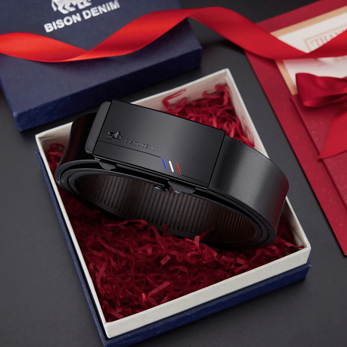 BISON DENIM Men's Genuine Leather Belt with Automatic Buckle