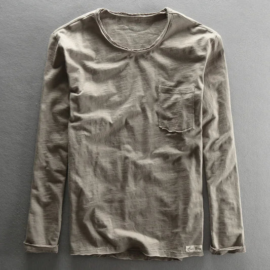 Long Sleeve T-Shirt for Men Casual Basic Cotton Solid Color O-Neck Pullover Tops