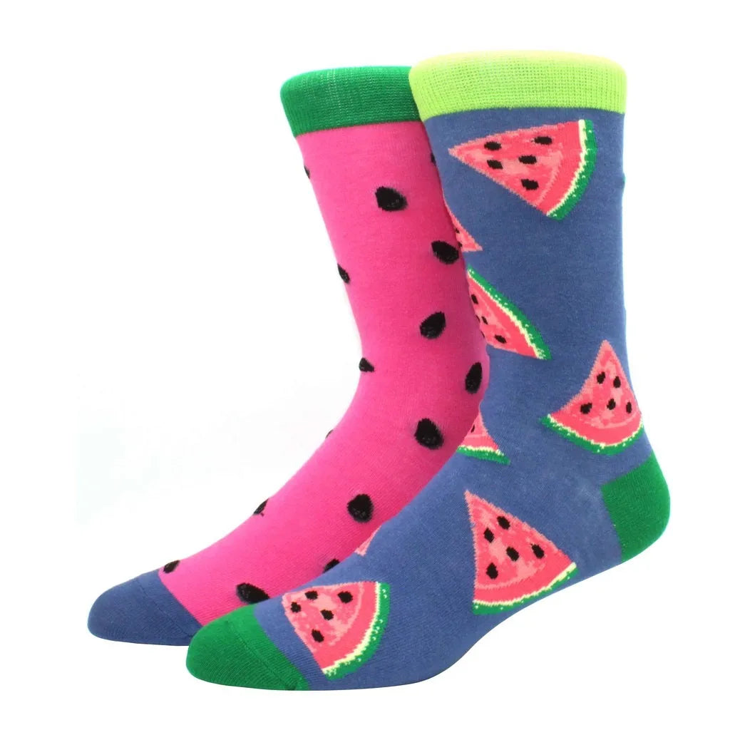 Men's Novelty Cotton Crew Socks - Mismatched Animal & Fruit Design