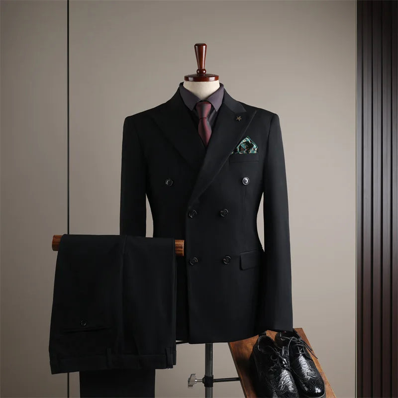 2026 Men's Black Slim Fit Business Suit Formal Suit Jacket & Pants Set for Office Work