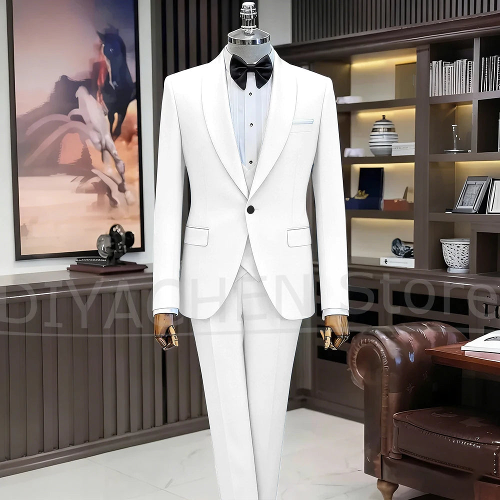 Black Suits for Men Elegant Shawl Lapel One Button Male Suit Slim (Jacket+Vest+Pants) Banquet Prom Wedding Party Tuxedo 3 Piece